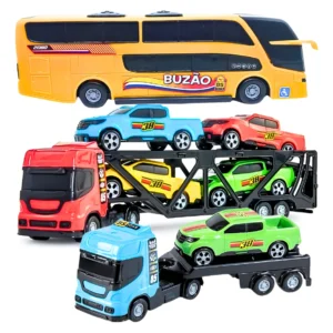 Ônibus Brinquedo Infantil Cegonheira Reboque E 4 Carrinhos