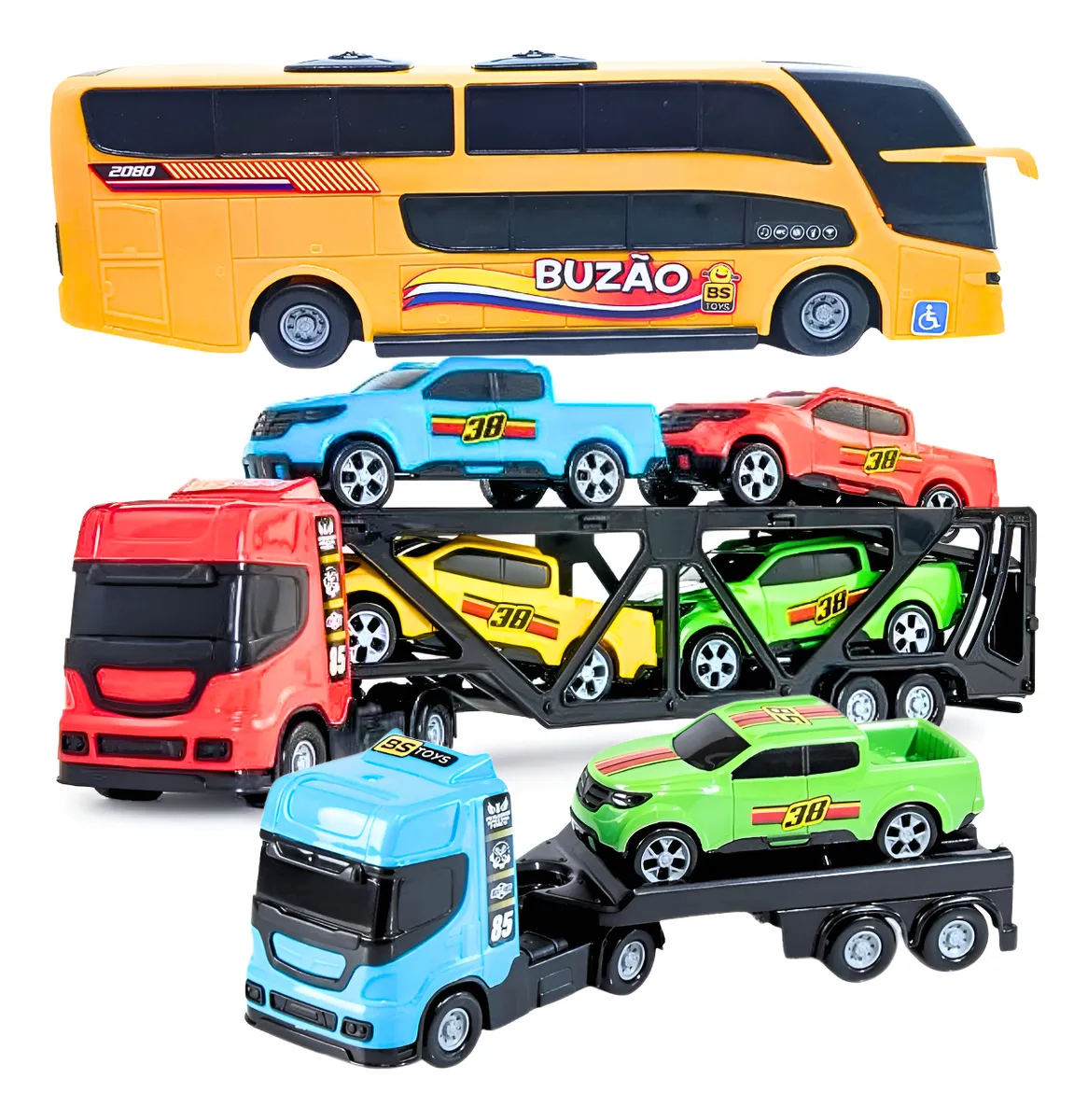 Ônibus Brinquedo Infantil Cegonheira Reboque E 4 Carrinhos
