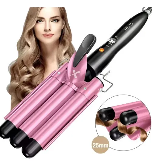 Chapinha Tripla Triondas Modelador Cabelo Cerâmica Tri-onda Ondulador Bivolt Cor Rosa Haixia